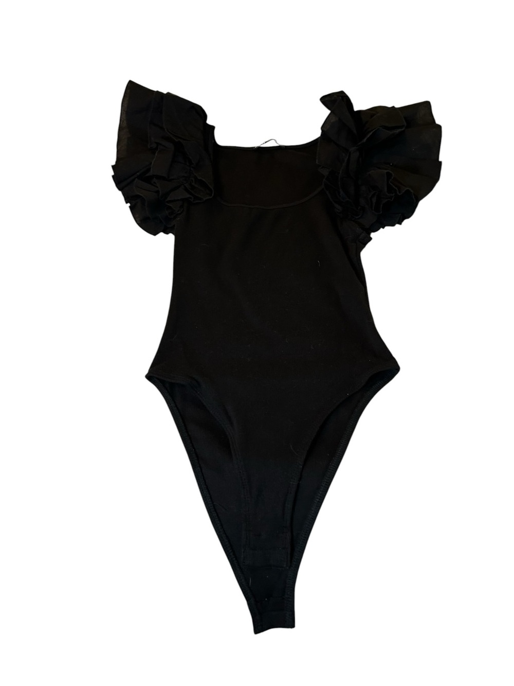 Zara Black Ribbed Ruffle-Sleeve Bodysuit - Picture 2 of 8